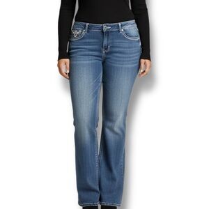 Love Indigo Medium Wash Mid Rise Bootcut Jeans w/ Rhinestone Stud Pockets SZ 16